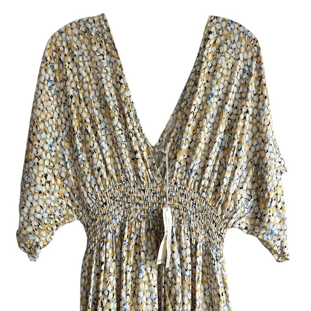 LOVESTITCH Short Sleeve Smocked Waist Yellow Geometric Maxi Dress Size US M/L